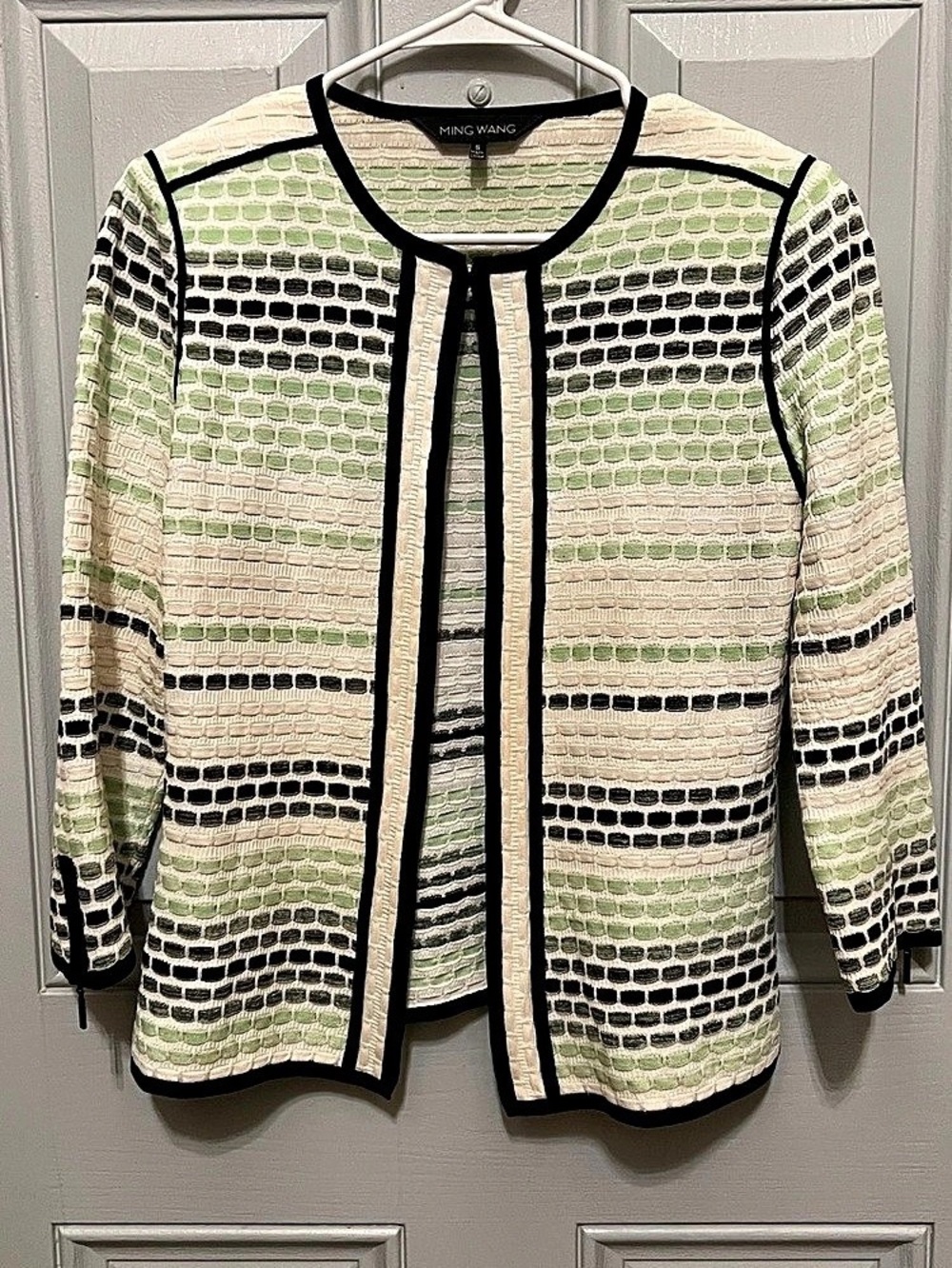 Ming Wang Lime Green Intarsia Knit Cardigan Women S Open Front 3/4 Sleeve